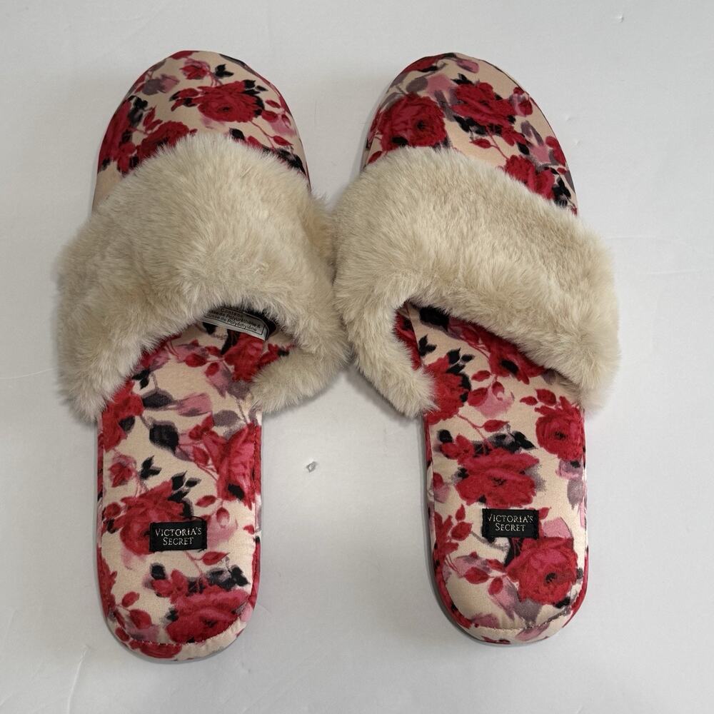 Victoria’s Secret Signature Satin Slippers Large Fur Trim Slide with Bag NWT - Picture 3 of 11
